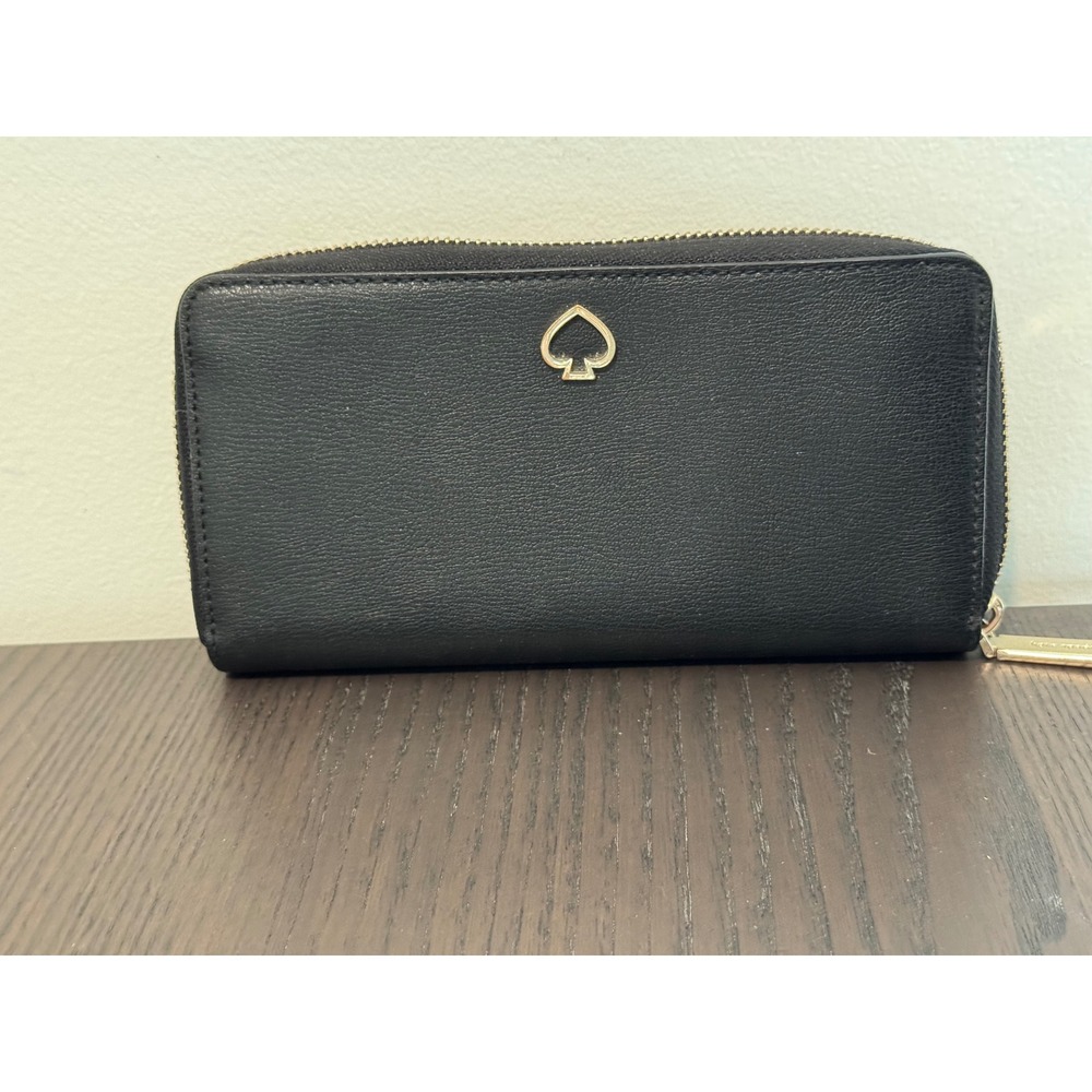Kate Spade Zip Around Wallet Womens Black Pebbled Leather Gold Logo Continental